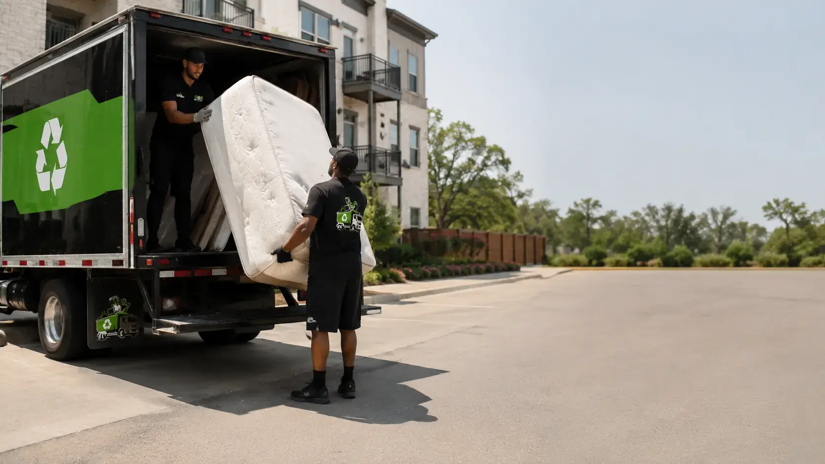 Mattress removal truck loading during a Dallas Texas apartment cleanout