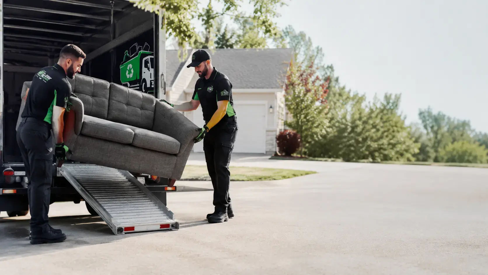 Couch removal team preparing sofa for couch recycling in National service areas